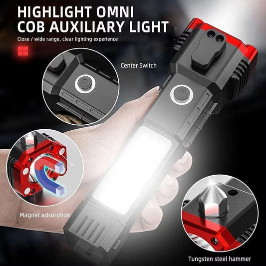 Torch Light,LED 3W Torch Light Rechargeable Torch Flashlight,Long Distance Beam Range Car Rescue Torch with Hammer Window Glass and Seat Belt Cutter Built Portable Rechargeable (COB)