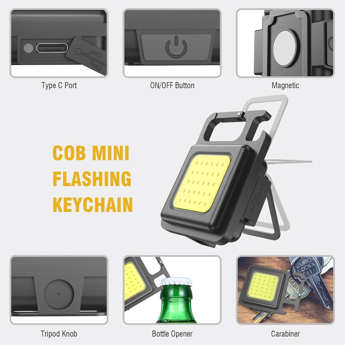 Cob Bright Mini Keychain Light Small Led Flashlight Usb Rechargeable 4 Modes 800 Lumens Portable Pocket Lights With Folding Bracket Bottle Opener And Magnet Abs