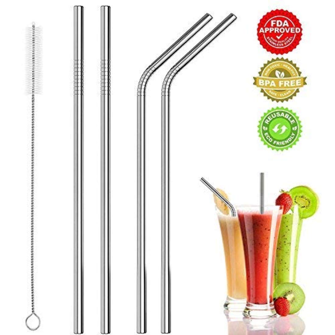 Reusable Stainless Steel Straw With Cleaning Brush  Long Metal Straws For Drinking